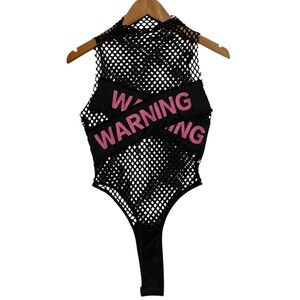 SHEIN Black and Pink Mesh Fishnet One-Piece Mock Neck Bodysuit Size Small